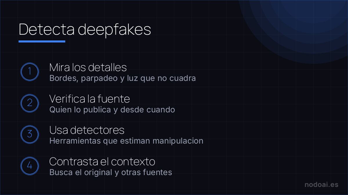 Detecta deepfakes: Como detectar deepfakes: fijarse en los detalles, verificar la fuente, usar detectores y contrastar el contexto.