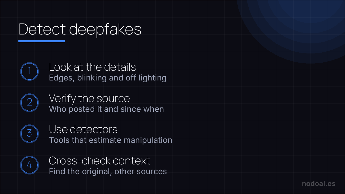 Detect deepfakes: How to detect deepfakes: watch the details, verify the source, use detectors and cross-check the context.